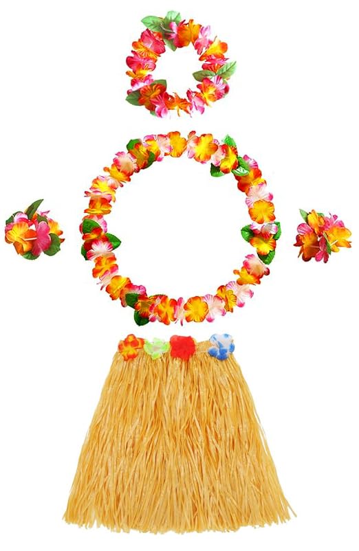 5Pcs Hawaiian Leis Hula Grass Skirt Set, Hawaiian Flower Leis Necklace Headband Bracelets Luau Skirts, Hawaii Luau Skirts Necklace Costume For Kids and Adults Summer Beach Tropical Party Decorations