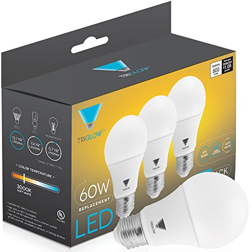 TriGlow LED 60 Watt Equivalent (9 Watt) A19 LED Bulb Soft White (3000K) 800 Lumen, Non-Dimmable, 3-PACK