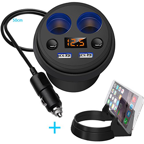 APPHOME Car Cup Charger, Dual USB Ports Car Charger 12V/24V with 2-Socket Cigarette Lighter Splitter Power Adapter and Phone Holder Universal for iPhone 7/6 Android galaxy s6 GPS Dashcam, Black
