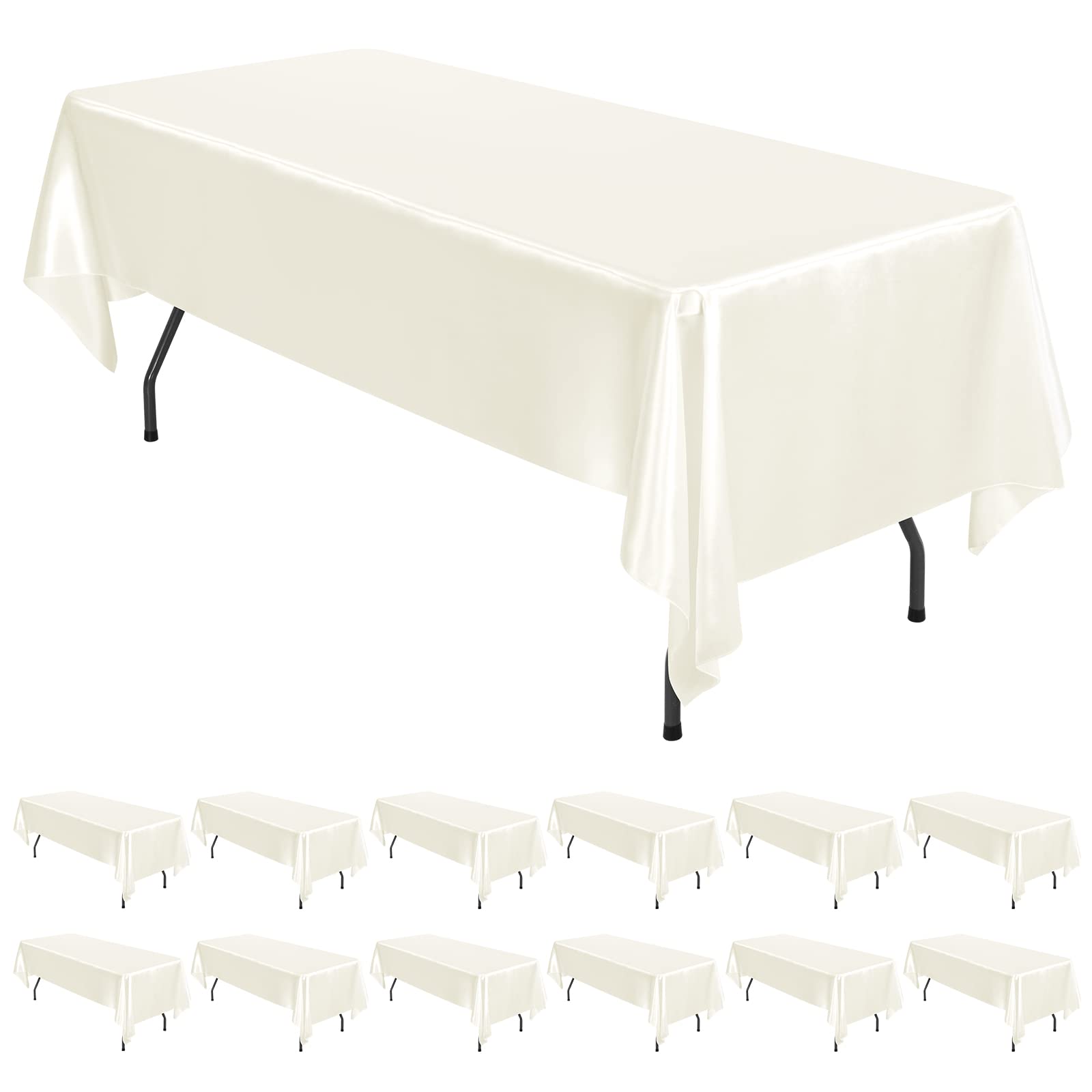 Photo 1 of 12 Pack Ivory Satin Tablecloth, 57 x 108 Inch Silky Satin Table Cloth, Rectangle Bright Silk Tablecloth Smooth Fabric Table Covers Overlay Silky Tables Decoration for Wedding Party Banquet Birthday