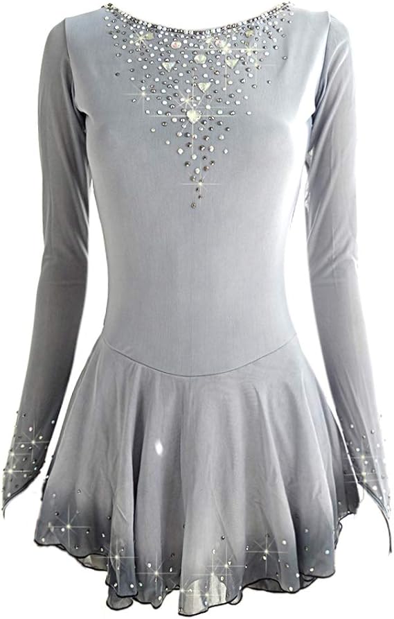 LIUHUO Grey Ice Figure Skating Dress for Girls Women Ice Skating Skirt for Skating Sports