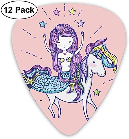 Little Mermaid with Unicorn Guitar Picks 12pack Celluloid Plectrum Custom 0.46mm/ 0.71mm/ 0.96mm for Electric Acoustic Guitars Bass Best Stocking Stuffer Gifts for Kids Teens Adults