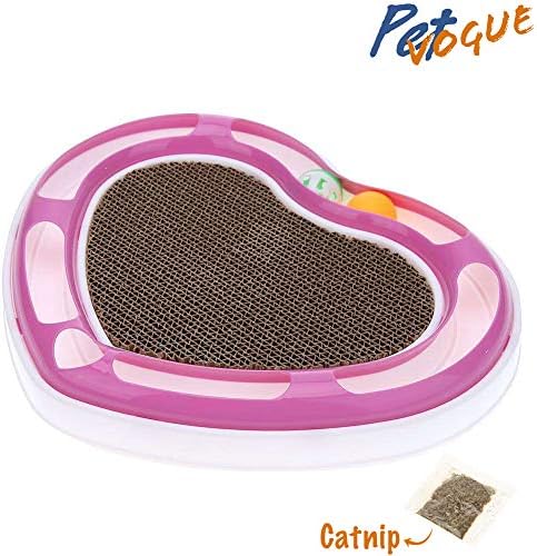 Cat Stratcher by PetVogue with Free Catnip Heart Shape Cat Scratcher Pad Recyclable Corrugated Cardboard with Bell Ball Tunnel Toy | Free Catnip Included (Color May Vary)