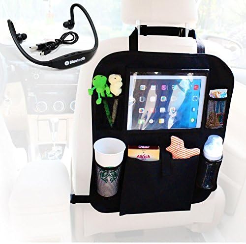 Qute Qids Automotive Seat Back Organizer With Wireless Bluetooth Headset - Pairs with Ipads And Tablets - Installs Easily In Cars - Backseat Storage for Drinks, Kids Toys & Trash