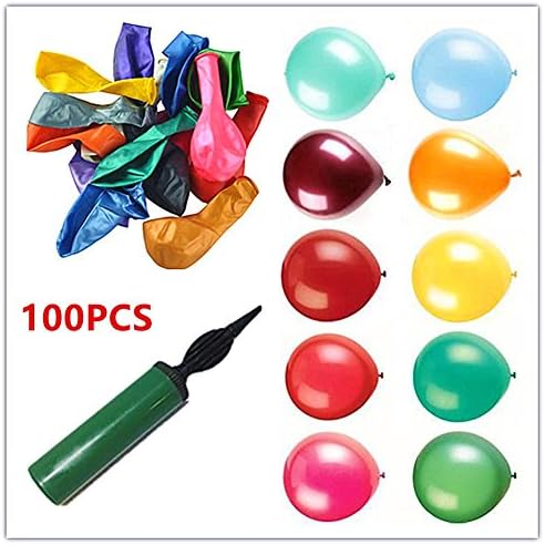Stevenynn 12 Inches Assorted Color Party Balloons Set , Hand Held Air Inflator Be Aware of Safety in Use and Have Fun.(100Pcs+1Hand Air Pump)