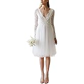 Caodip Long Sleeve Wedding Dresses for Bride Tea Length Tulle Lace Satin A Line Bridal Dress for Women