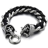 Stainless Steel Mens Skull Curb Chain Bracelet Interwoven with Black Genuine Braided Leather
