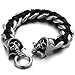 Stainless Steel Mens Skull Curb Chain Bracelet Interwoven with Black Genuine Braided Leather