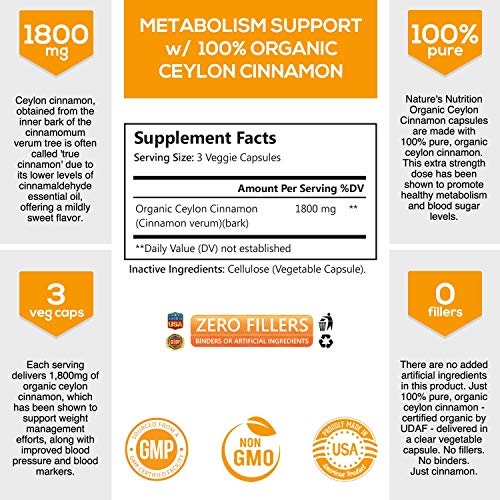 Organic Ceylon Cinnamon Highest Potency Standardized 1800mg - True Organic Ceylon Cinnamon Pills - Blood Sugar Levels Support Supplement, Vegan Anti-Inflammatory for Joint Pain Relief - 240 Capsules