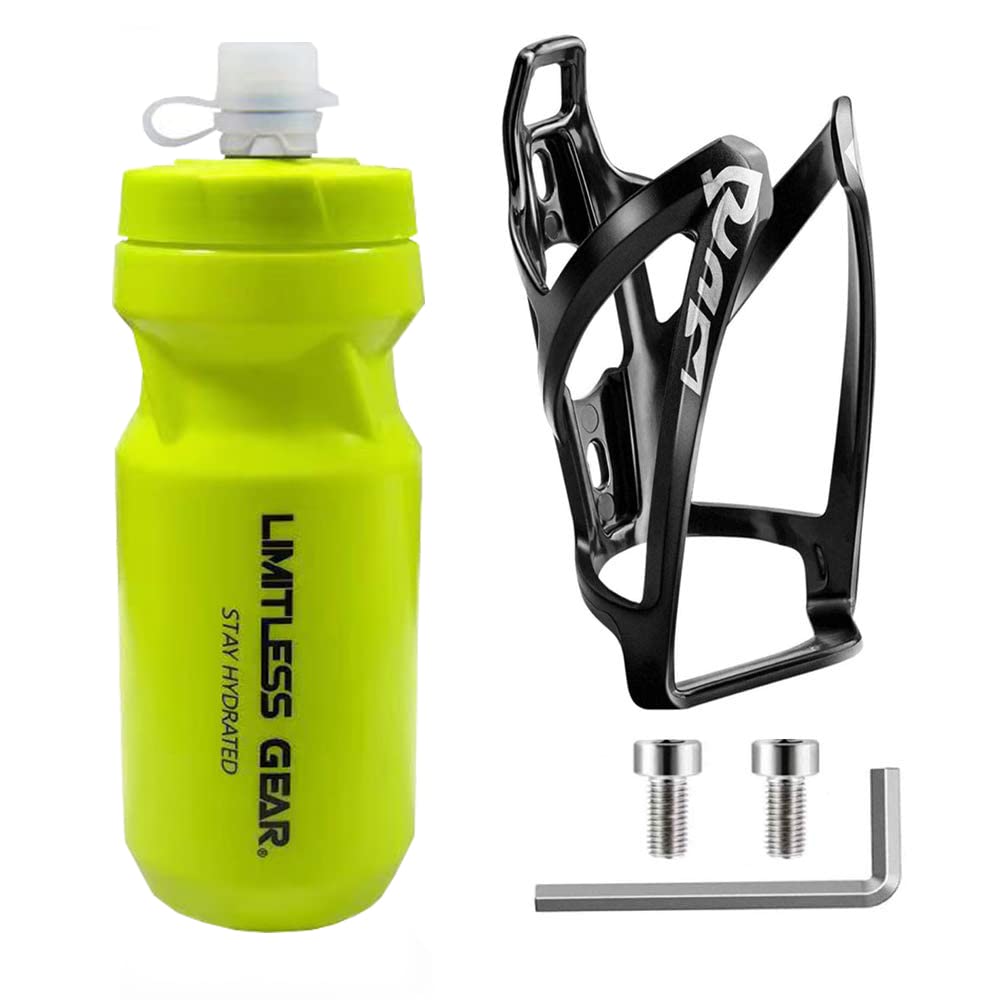 OSIGEI Bike Water Bottle Cage and 21oz Bike Water Bottle Set Lightweight Bike Bottle Holder with Screws - Premium BPA Free Sports Bottle for Road Mountain and Kids Bikes (Yellow)