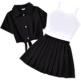 HIHA Girls 3 Piece Outfit Cami Crop Tops Skirt Set with Button Down Shirts Size 6-12