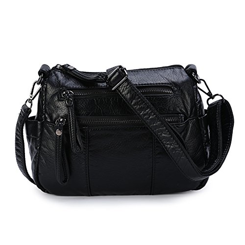 Borse a tracolla da donna in pelle Borse a tracolla casual lavato in PU per ragazze-Nero-4