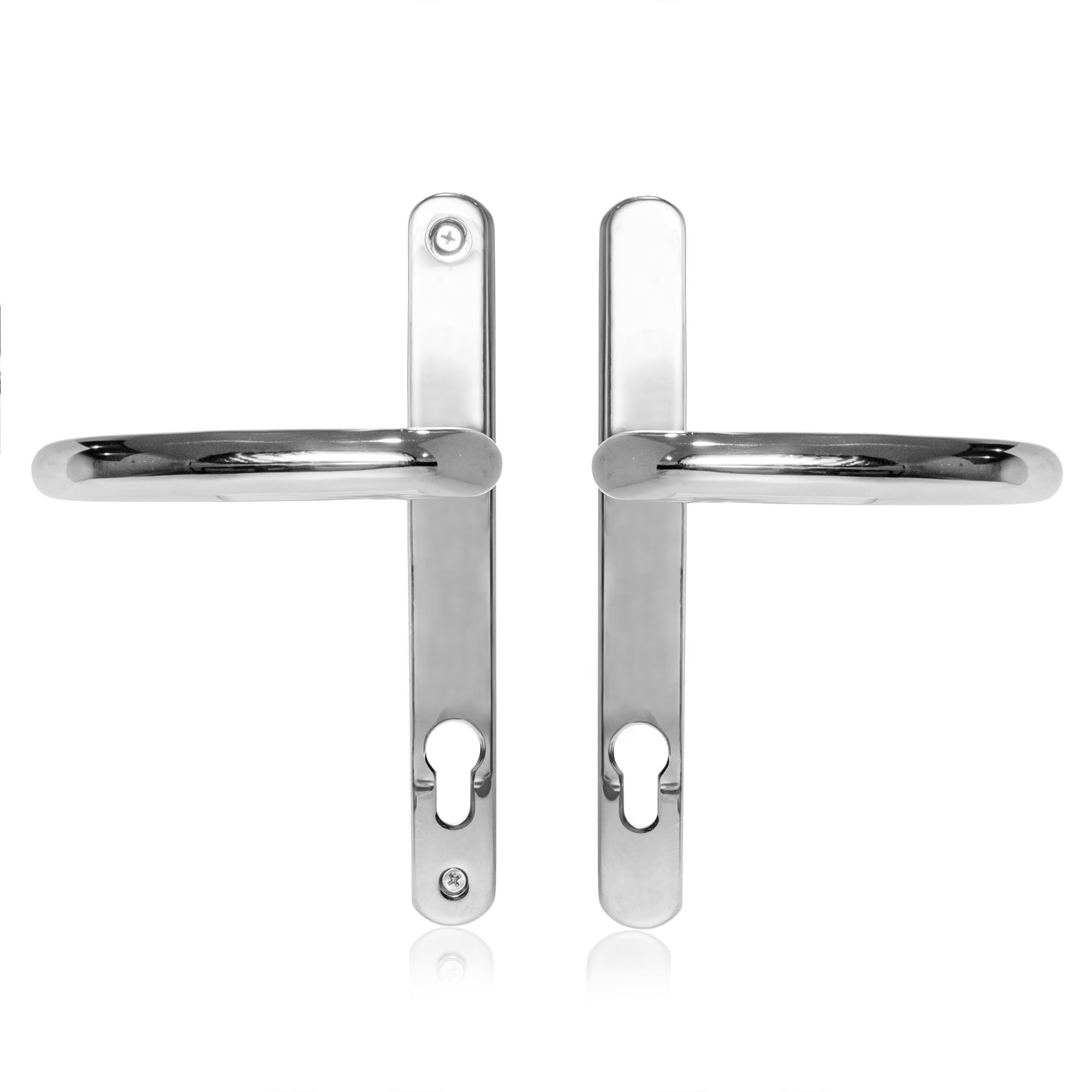 Uros Polished Chrome UPVC Door Handle, (PZ 92mm, 211mm Screw Hole Distance, 243mm Overall) DDA Compliant, Long Backplate, Stainless Steel Front Door Handle