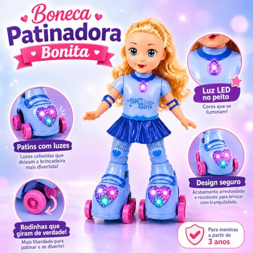 Boneca Patinadora Musical com Luzes, Plástico, 28cm, Dança e Toca Músicas, Patins Iluminados, Alimentação 3 Pilhas AA, para Crianças 3 Anos+ (AZUL)
