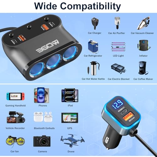 Qidoe 360 W Car Cigarette Lighter Socket 9 in 1, 3 x USB C PD 36W + Multiple Sockets, 12V/24V Cigarette Lighter Adapter with Switch Voltmeter LED Quick Charge Phone/GPS/Dash Cam