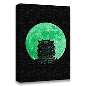Canvas Wall Art Abstract Green Moon with Pop-up Black Pattern Painting Artwork for Home Prints Framed - 12x18 inches