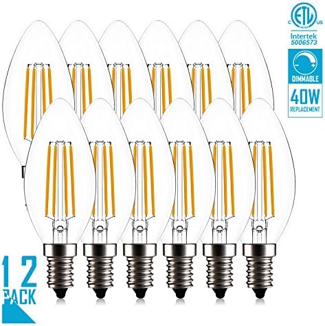 Dimmable C35 E12 LED Bulbs, Candelabra Bulbs, 380lm, Warm White 2300K, LED Filament Bulbs Pack of 12