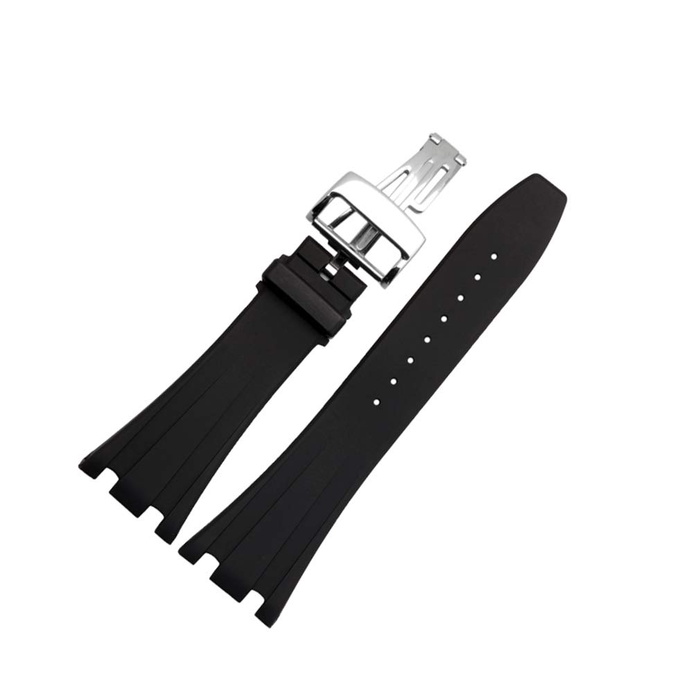 Finjin R 28mm Silicone Black Watch Band with Butterfly Buckle Suitable for Audemars Piguet Men's Watches (28 mm, Silver-Buckle), silver-buckle, 28 mm, Modern