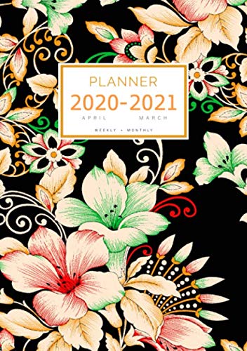 Planner 2020-2021: A5 Weekly and Monthly Organizer from April 2020 to March 2021 | Artistic Decorative Floral Design Black