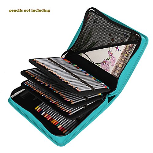 JAKAGO 210 Slots Pencil Case PU Leather Pencil Holder Sleeve Pen Bag with Adjustable Removable Strap Snap Hook for Watercolor Pencils, Colored Pencils, Gel Pens, Cosmetic Brush,Eraser (green)