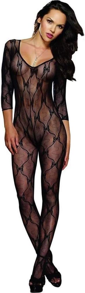 Dreamgirl Women's Long-Sleeve Bow Lace Crotchless Bodystocking