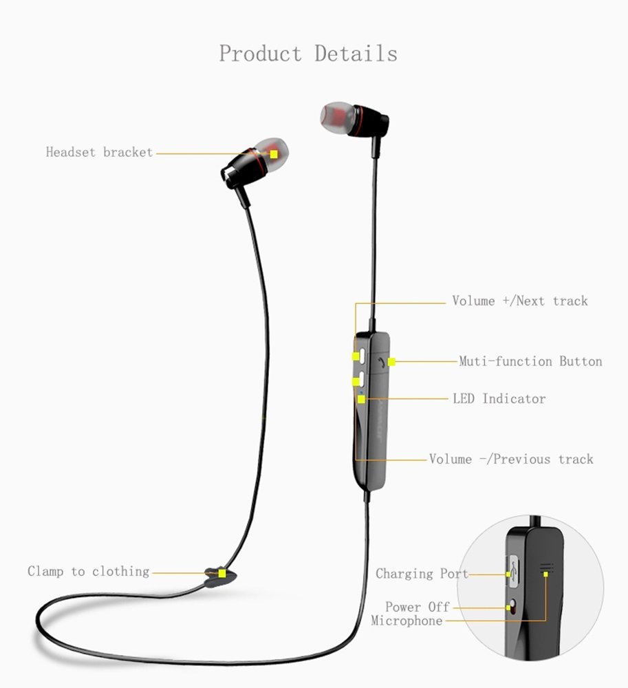 Bluetooth Headphones, Wireless Earphones with Noise Cancelling Microphone, Sweatproof in-ear Earbuds Stereo Sport Headset For Iphone 5 5s 6 6s 7 plus Samsung Galaxy s7 s6 edge Android IOS phone
