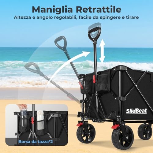 - Carrello da Giardino Pieghevole 220L, Carrello Spiaggia con Ruote Grandi, per Rimorchio per Giardino da Campeggio all'aperto Ogni Tipo di Terreno, Portata fino a 150kg