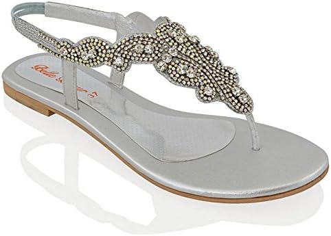 Essex Glam Womens Flat Sandals Diamante Slingback Toe Post Ladies Sparkly Holiday Party Shoes Size 3-9