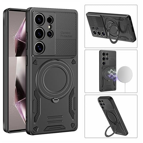 PANXIYUE Samsung Galaxy S24 Ultra 5G Case, with Invisible Magnetic Stand 360° Rotating Invisible Kickstand PC + Soft TPU Shockproof Protective Edges, Black
