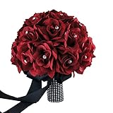 Apple Red Rose and Black Ribbon Bridal Wedding Bouquet