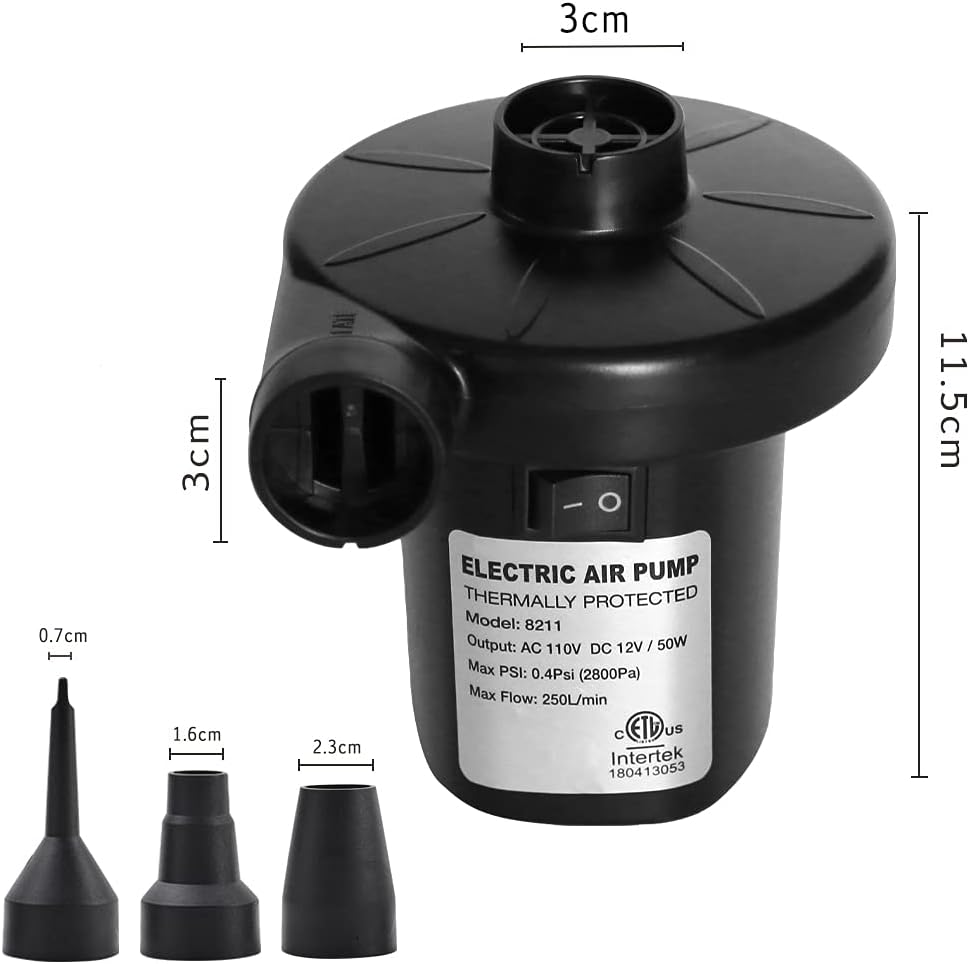 BUYMAX Electric Air Pump for Inflatables 110V AC/12V DC Air Mattress Pump Airbed Boat Pool Raft Inflatable Pool Toys Portable Pump with 3 Nozzles: Sports & Outdoors