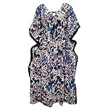 Womens Kimono Kaftan Dress Blue Printed Rayon Caftan Boho Beach Coverup