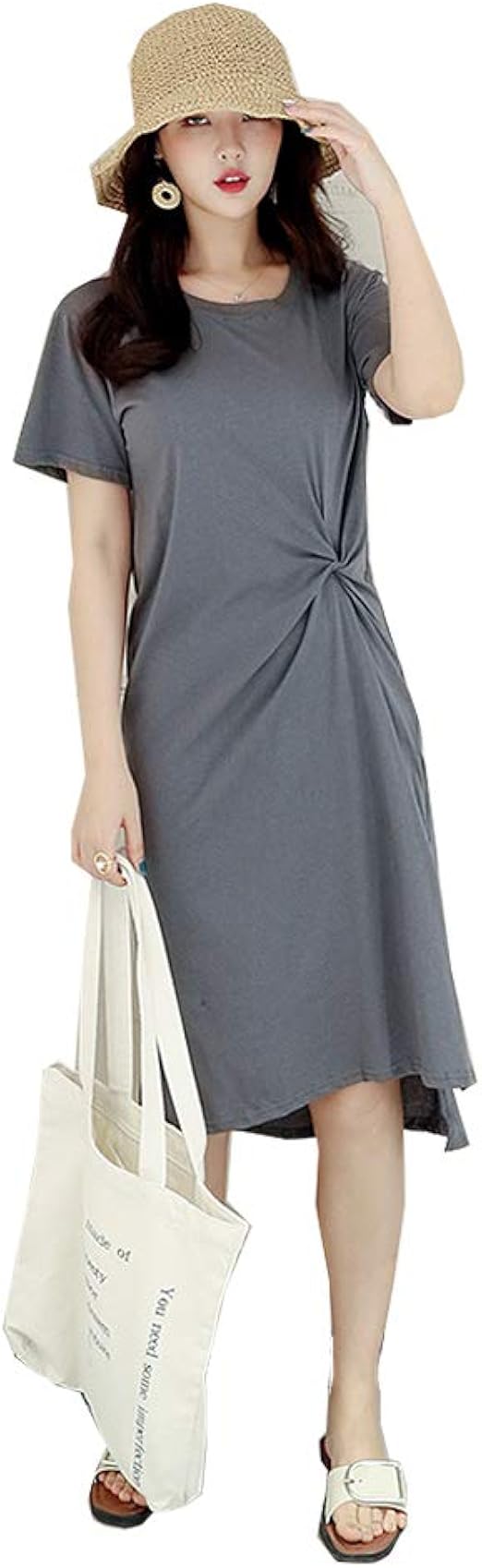 Amazon ワンピース レディースウエストゴム ロングワンピース 大きいサイズ 半袖 ポケット付き 夏 ワンピ ゆったり 着痩せ お洒落 魅力 上品 通勤 部屋着 お出かけ Huimei グレー L スカート 通販