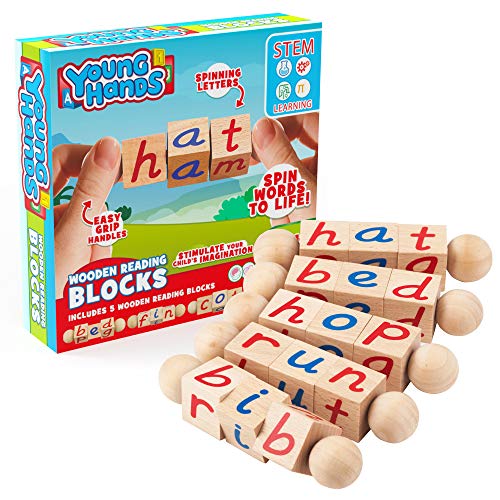 Wooden Reading Blocks | [5] Sets of Fun, Educational Spinning Alphabet Manipulative Blocks for Children w/ Easy-Grip Handles | STEM & Montessori Approved Toy for Pre-Kindergarten Boys & Girls Gift (Best Toys For Kindergarten Boy)