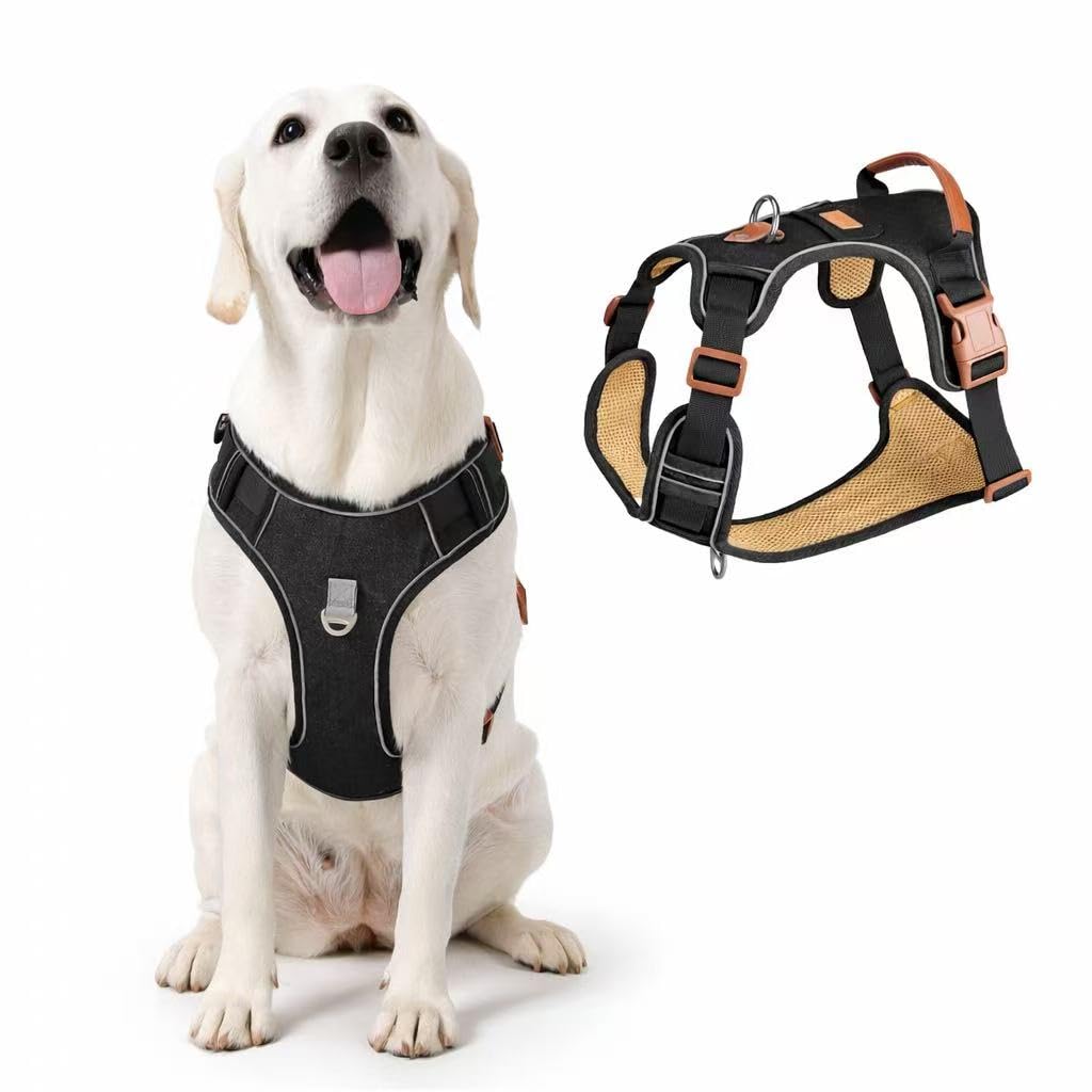 Photo 1 of PawWave No Pull Front Clip Dog Harness – Adjustable Padded Denim Vest with Reflective Strips for Small, Medium & Large Dogs (Black, Extra Large)