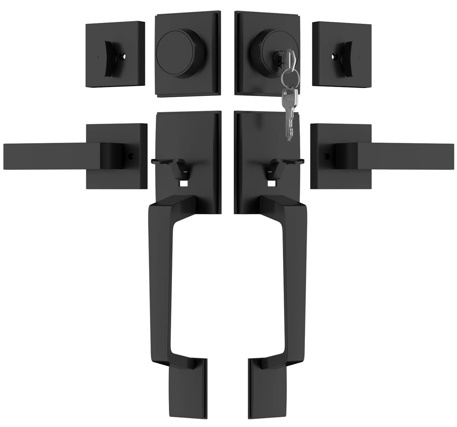 Photo 1 of Haidms Matte Black Double Door Door Lock Set, Heavy Duty Double Door Handle with Deadbolt and Dummy, Double Front Door Hardware Set with Reversible Handle Lever