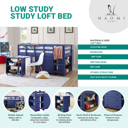 Naomi Home Twin Size Loft Bed with Desk Low Study Kids Twin Loft Bed with Storage Pine Wood Loft