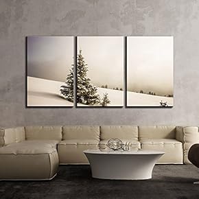 3 Piece Canvas Wall Art - Snow Covered Pine Tree in Winter - Modern Home Art Stretched and Framed Ready to Hang - 16"x24"x3 Panels