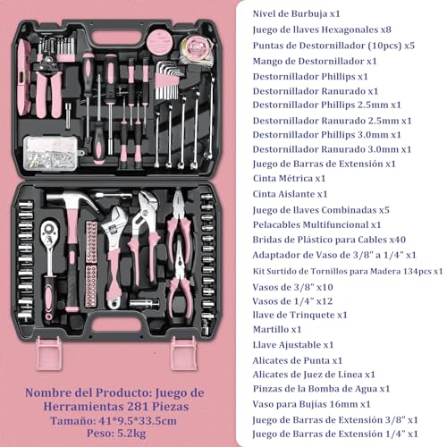 Sundpey Complete Tool Box 281 Pieces - Portable Tool Set with Ratchet Wrench Set Screwdriver Set Metric Hex Wrenches Pliers Pink