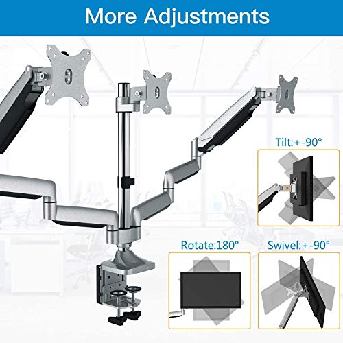 Huanuo Triple Monitor Stand - Height Adjustable Gas Spring 3 Monitor Arm Desk Mount, Full Motion Articulating Vesa Bracket Fits 13 to 32 Inch Screens with Clamp Grommet Mounting Base