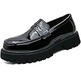 Men's Leather Platform Chunky Slip-On Penny Loafers Classic Round Toe Lug Sole Business Casual Formal Work Shoes