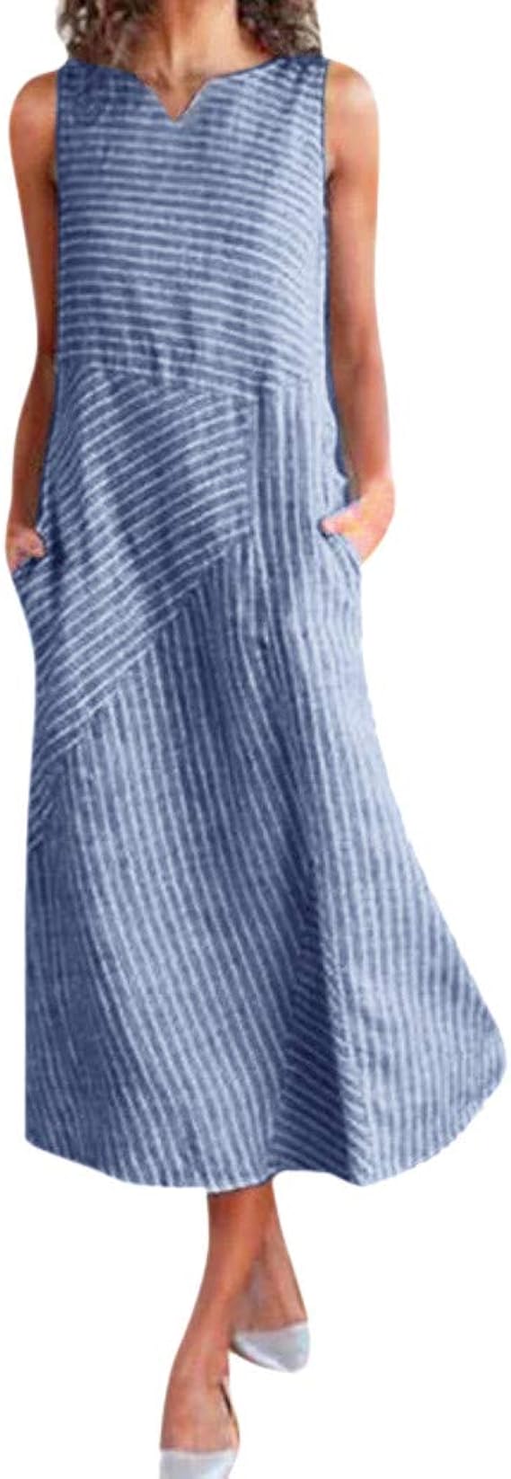 AMhomely Women's Long Dresses Sale Ladies Casual Striped Sleeveless