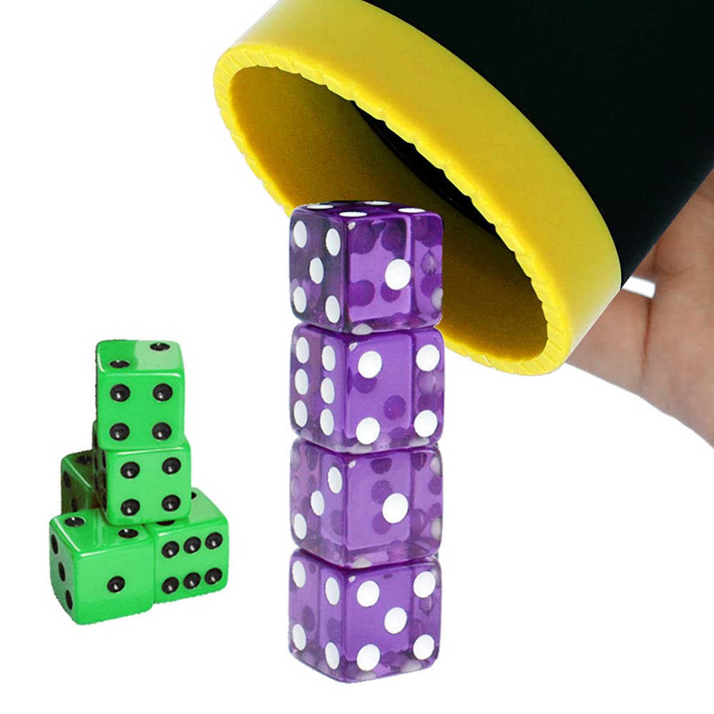 Dice Stacking Cup(Black) Set with 4 Pcs 19mm(Puple) and 5 Pcs 18mm(Green) Standard 6 Sided Dices, with Storage Bag-Magic Tricks Instruction
