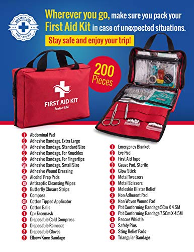 Protect Life First Aid Kit for Car, Home, Traveling, Camping, Office or Sports | 200 Pieces Bag Equipped with Medical Supplies for Emergency and Survival