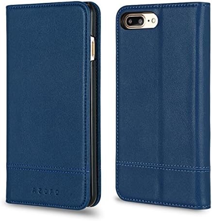 iPhone 8 Plus Case, iPhone 7 Plus Case, AZOFO Genuine Leather Wallet Case, Flip Cover Folio Book Style for iPhone 8 Plus / iPhone 7 Plus with ID&amp;Credit Card Holder, Kickstand, Magnetic Clousure, Blue