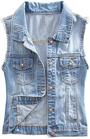FL Women's Comfortable Slim Ripped Jeans Demin Jacket Sleeveless Vest Blue (S)