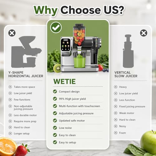 WETIE Exprimidor de prensa en frío, potentes máquinas exprimidoras con presión de jugo ajustable, 99% de alto rendimiento de jugo, exprimidor silencioso de masticaje lento con visualización táctil