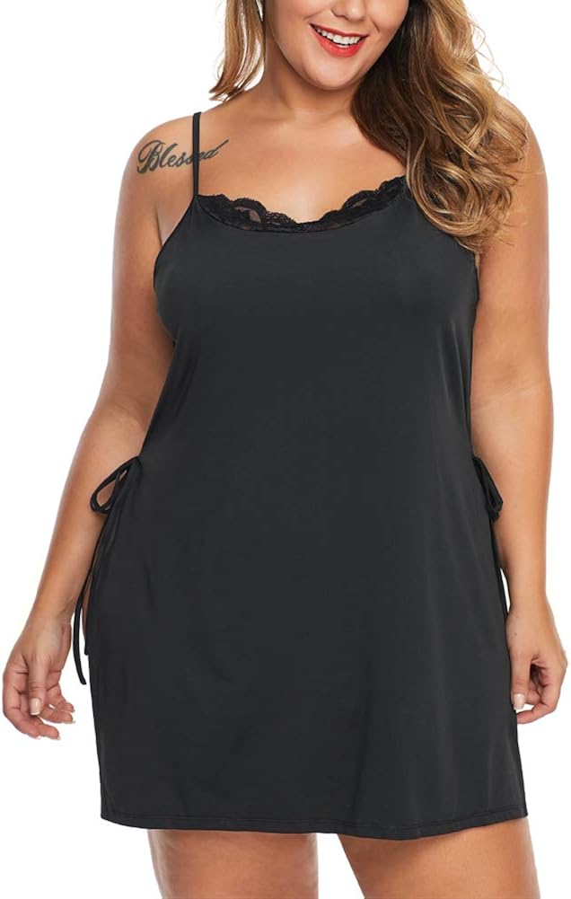 XAKALAKA Women Plus Size Lace Babydoll Lingerie Side Slit Strappy Chemise Sleepwear at  Women’s Clothing store
