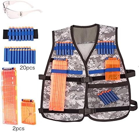 Ray Squad Tactical Vest Bundle for Nerf Guns N-strike Elite Series, Kids Nerf Accessories- Tactical Vest, 1 Wrist band, 2 reload clips, glasses and 20 Pcs Nerf Bullets