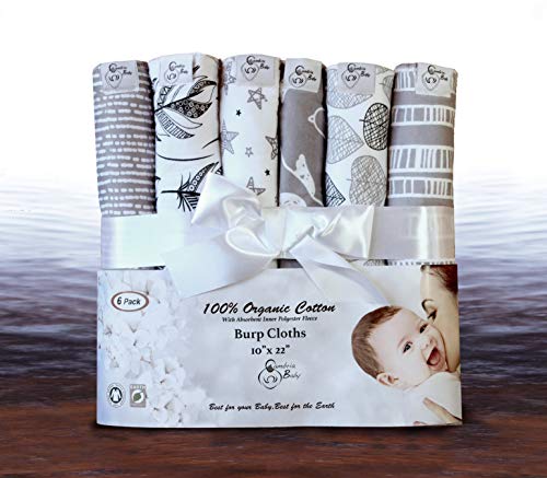 6 Pack Extra Large GOTS Certified Organic Cotton Burp Cloths, Unisex, Reversible, with 3 Layer Inner Fleece Absorbency, 10"x22", Neutral Patterns Boys and Girls